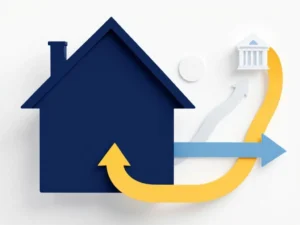 Moderne huissilhouet met gekleurde pijlen naar bankgebouw, illustreert hypotheek oversluiten proces op minimalistische achtergrond