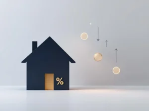 Moderne huissilhouet met gouden percentagesymbool en neerwaartse pijlen die hypotheekrenteverlaging suggereren