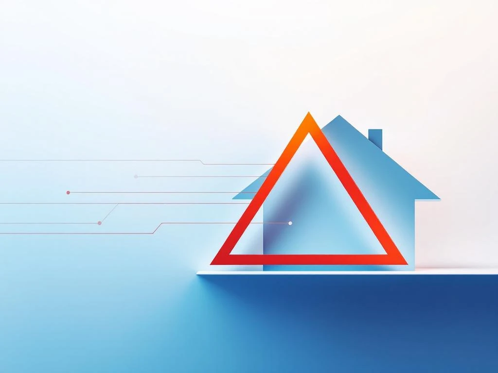 Huis silhouet met rode waarschuwingsdriehoek en geometrische lijnen die hypotheekrisico's en financiële nadelen symboliseren
