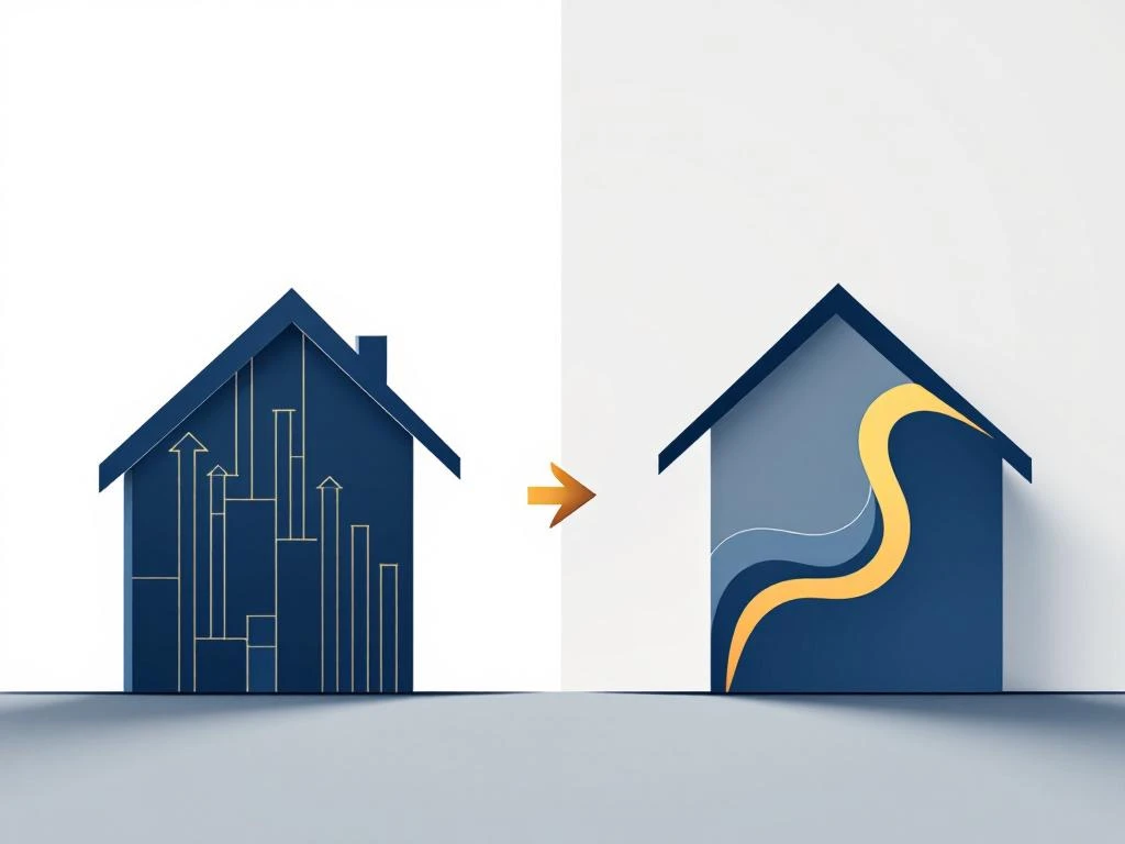 Twee geometrische huissilhouetten met gouden pijl die wijst naar hybride hypotheekoptie op blauwe achtergrond