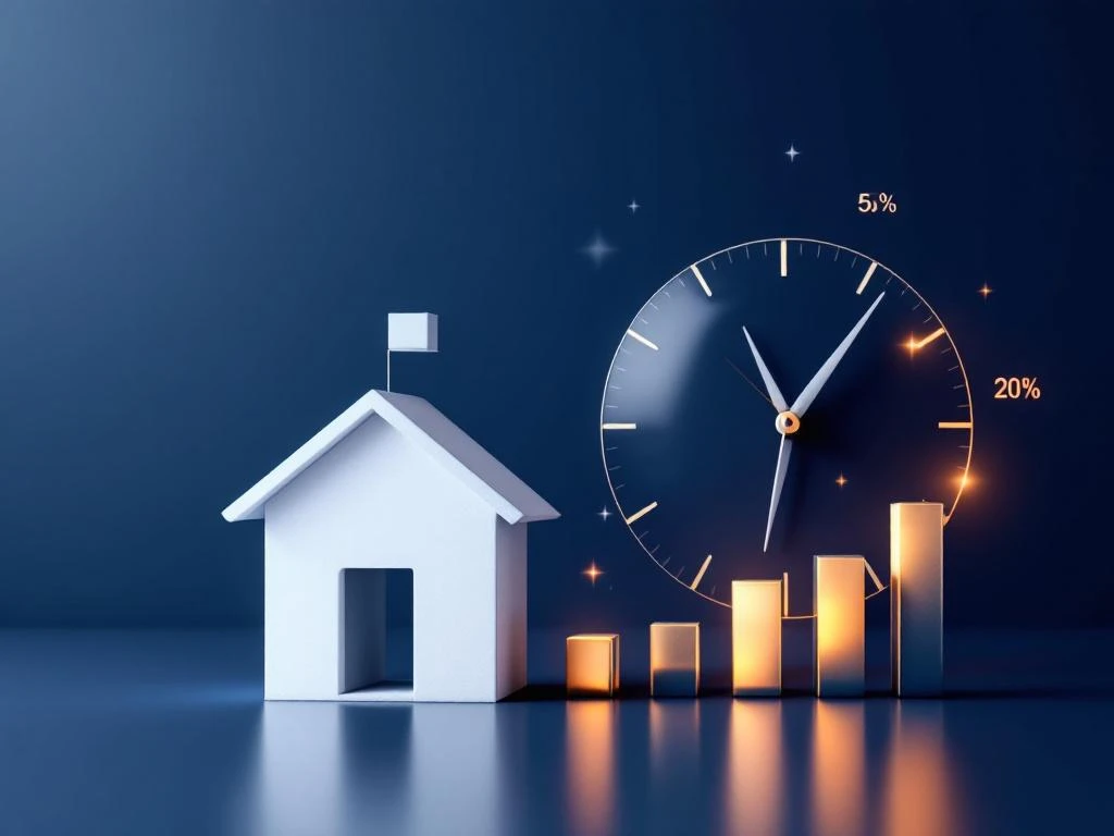 Wit huis silhouet en klok met financiële grafieken in marineblauw en goud, hypotheek timing concept