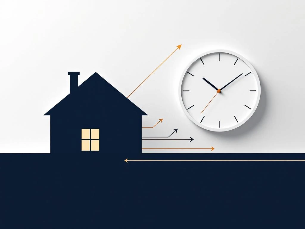 Moderne donkerblauwe huissilhouet verbonden met witte klok via gouden pijlen, grijswitte achtergrond, financieel advies thema