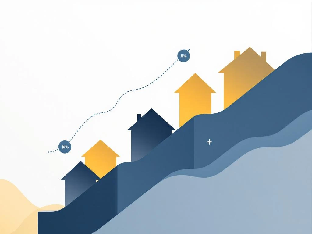 Geometrische huisvormen in marineblauw en goud met pijlen die hypotheektransitie en financiële keuzes tonen
