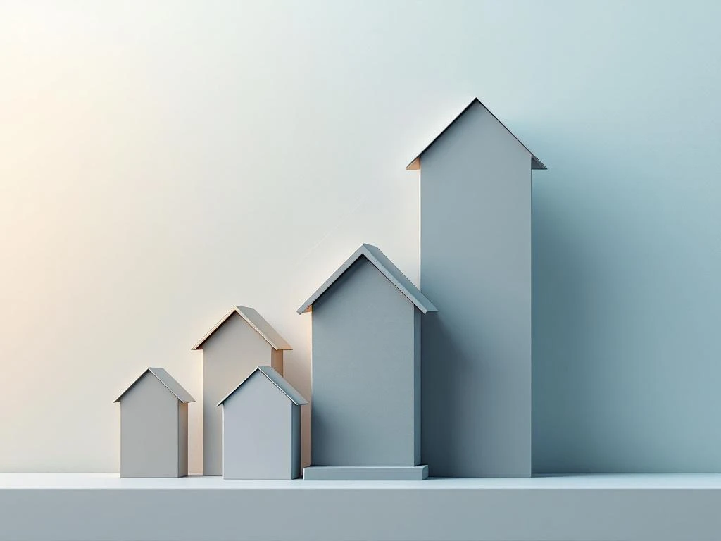 Geometrische huisvormen in staafdiagram-opstelling tonen verschillende hypotheektypes met opwaartse pijlen op blauwe achtergrond