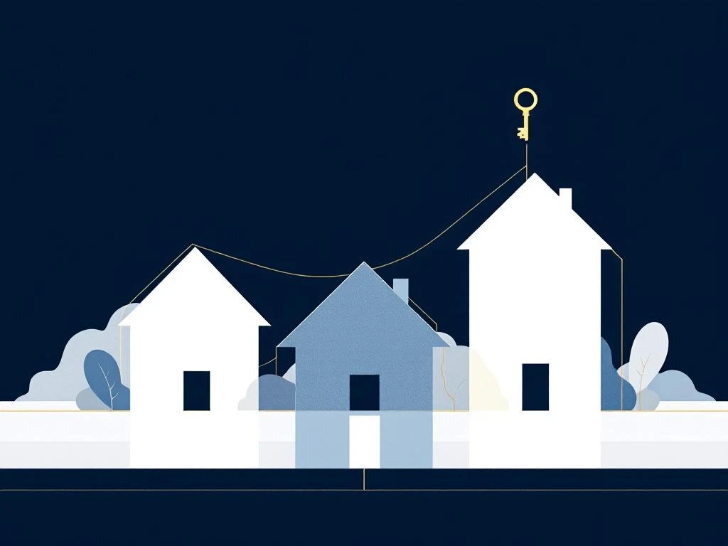 Drie minimalistische huissilhouetten in blauw en wit met gouden lijnen en sleutelicoon voor hypotheekdiensten