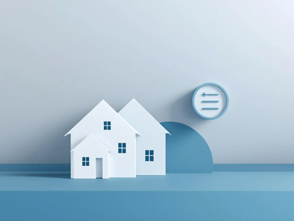 Drie geometrische huissilhouetten in oplopende grootte met rekenmachine-icoon voor hypotheekvergelijking