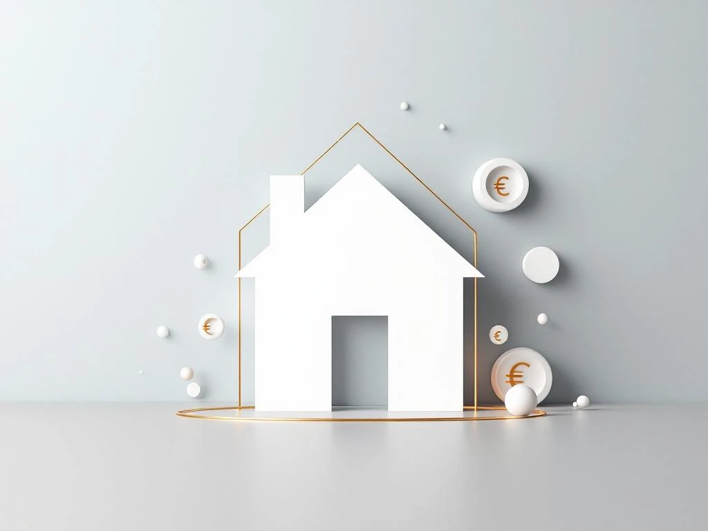 Wit huis silhouet met gouden beschermschild omringd door euro symbolen op blauwe gradiënt achtergrond