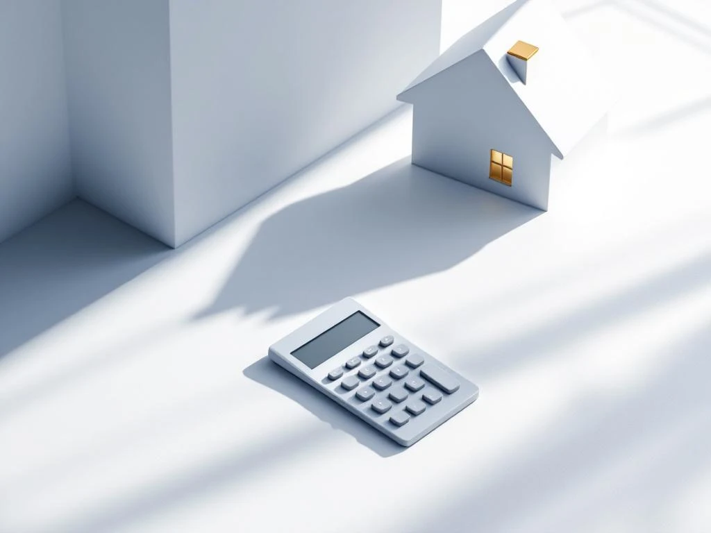 Calculator en geometrisch huissymbool op witte achtergrond met zachte schaduwen, blauwe en grijze tinten