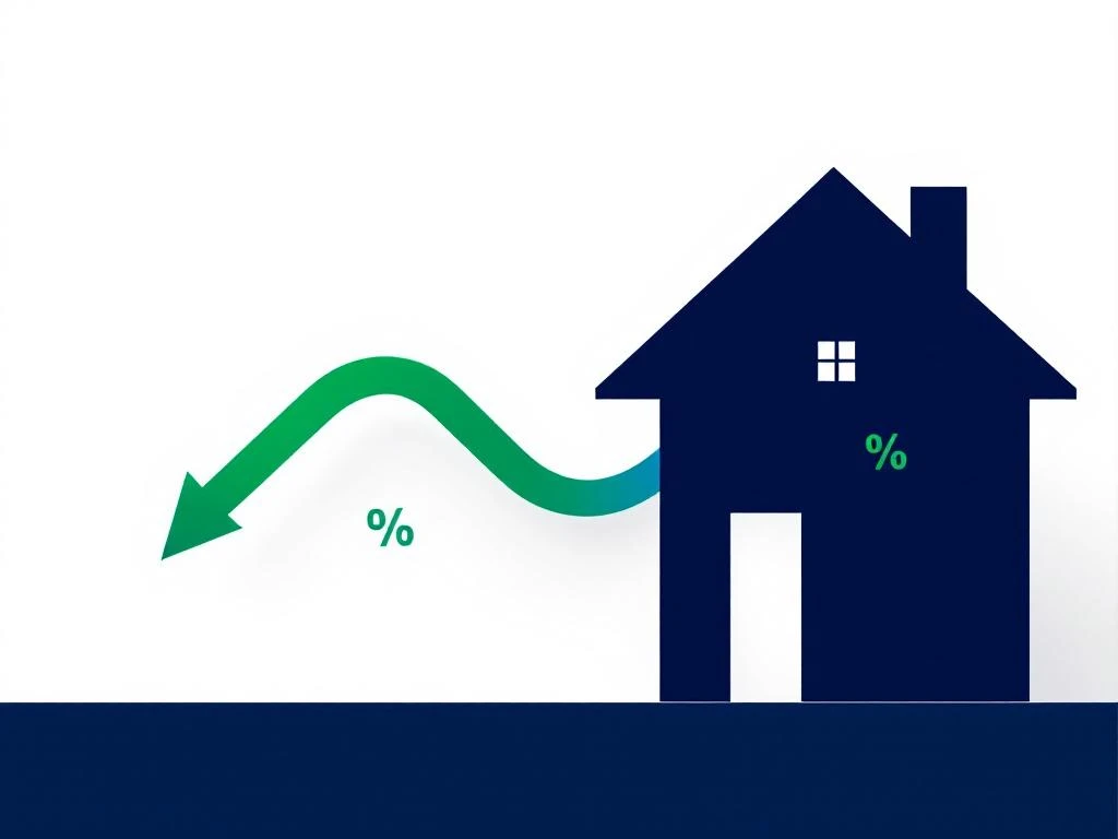 Moderne huissilhouet in marineblauw met groene pijl naar beneden, symboliseert dalende hypotheekrente op witte achtergrond