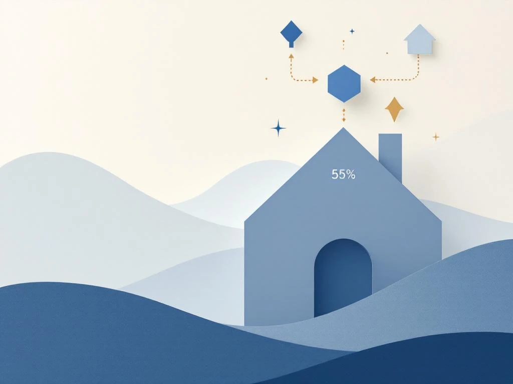 Modern huis silhouet met zwevende sleutelvormen en pijlen naar percentage symbool, financiële dienstverlening concept