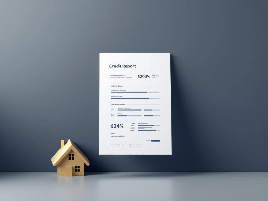 Digitaal kredietrapport met gouden huissilhouetten en grafieken op blauwe achtergrond voor hypotheekgoedkeuring