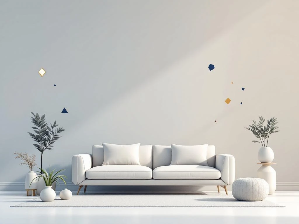 Modern wit interieur met minimalistische meubels, geometrische vormen en zachte blauw-grijze achtergrond