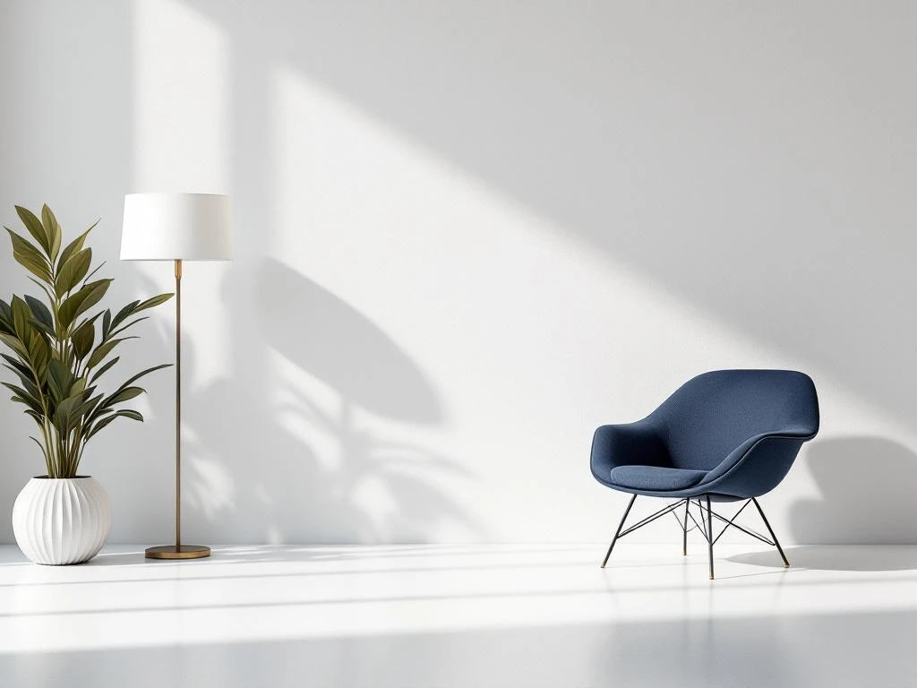 Modern wit interieur met minimalistische meubels, elegante lamp, designerstoel en vaas in navy en goud accenten