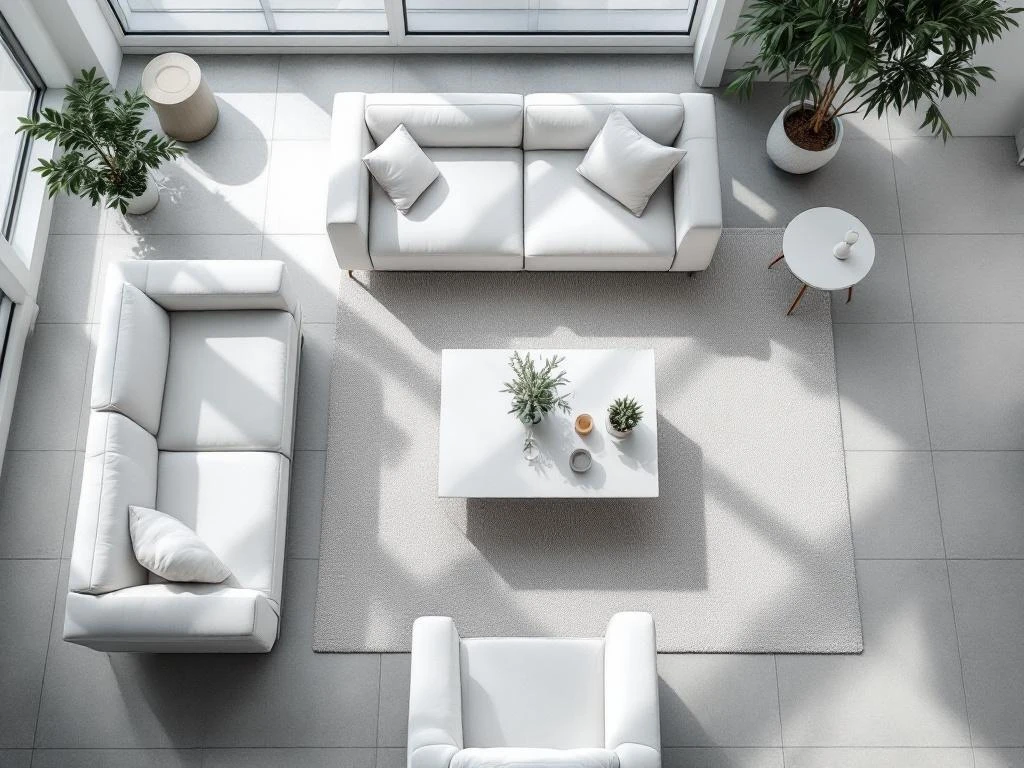 Moderne minimalistische woonkamer van bovenaf met wit meubilair en geometrische salontafel op grijze vloer