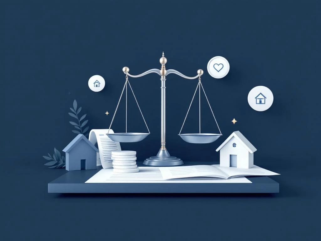 Notarisweegschaal met hypotheekdocumenten in minimalistische blauwe compositie voor financiële dienstverlening