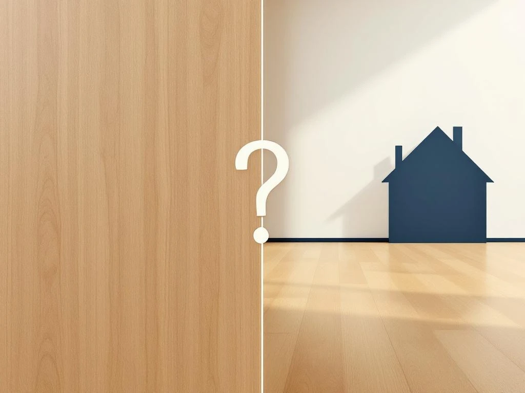 PVC vloerpaneel met houtnerf textuur naast modern huis silhouet, gescheiden door vraagteken op crème achtergrond