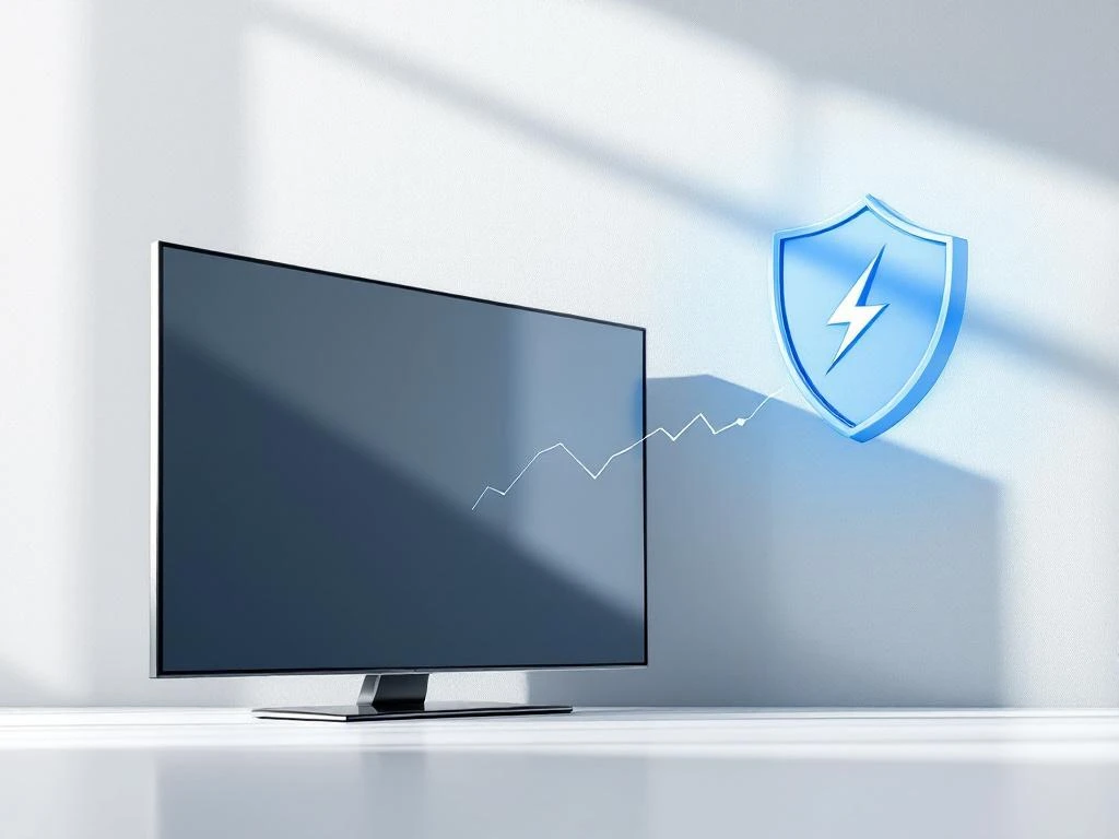 Moderne flatscreen-tv met bliksemschicht en blauw beveiligingsschild-pictogram tegen witte achtergrond