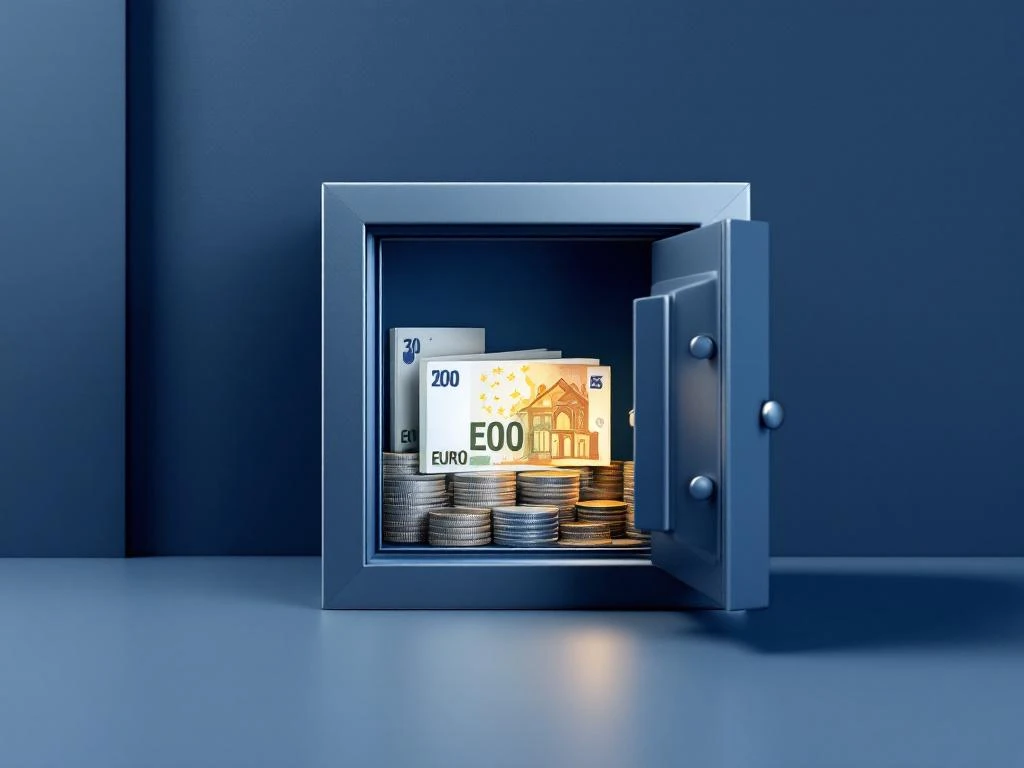 Moderne kluis met eurobankbiljetten en munten, huissilhouetten op achtergrond voor verzekeringsconcept