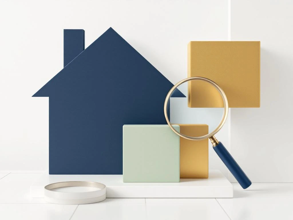 Donkerblauw huis silhouet met vergrootglas over gouden en groene blokken die verborgen kosten symboliseren op witte achtergrond