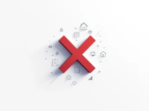 Rode X over grijze verzekeringsdocumenten met auto-, huis- en gezondheidssymbolen op witte achtergrond