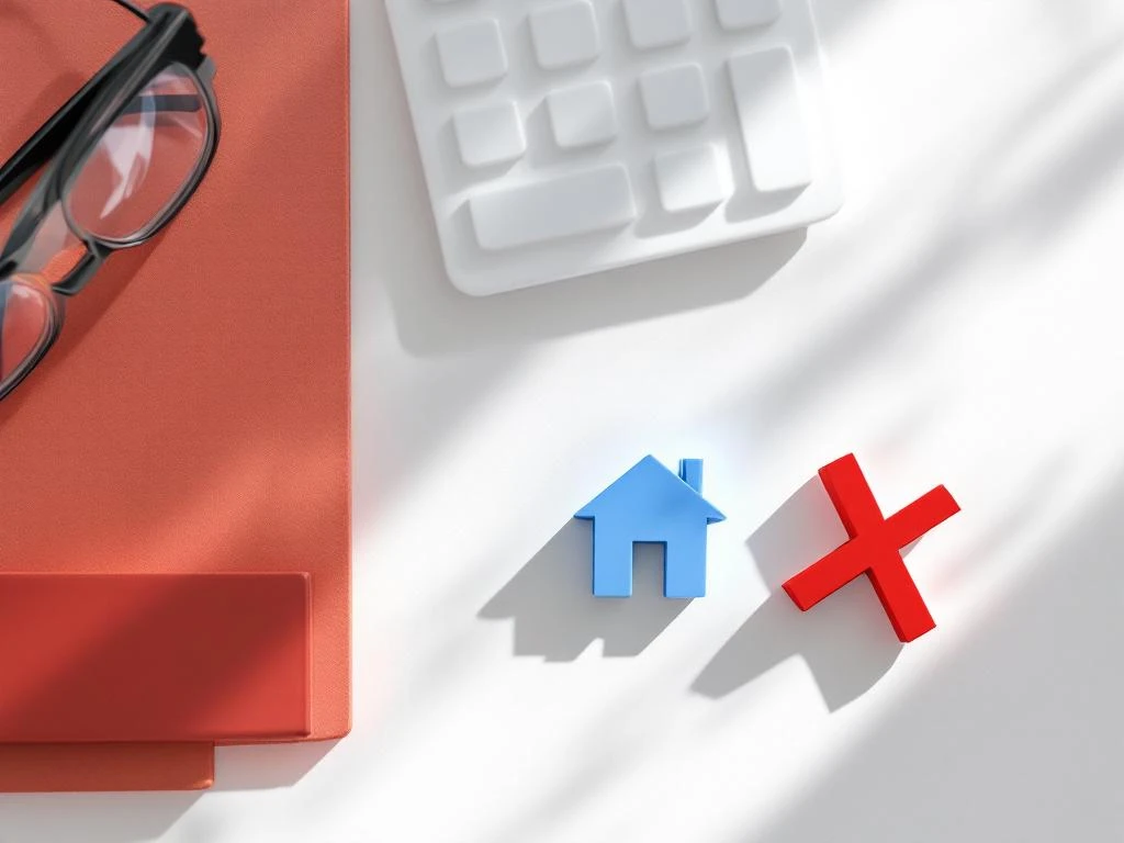 Rekenmachine en verzekeringsdocumenten op wit oppervlak, rode X doorstreept onnodige iconen, huis en auto blijven blauw