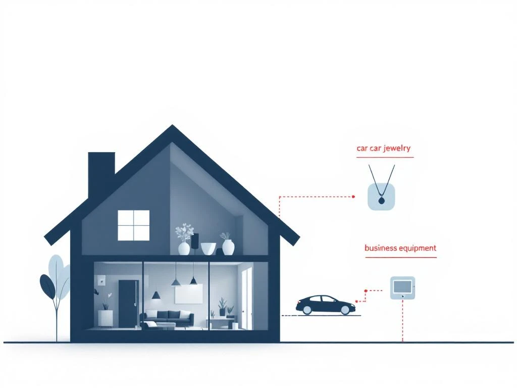 Moderne huissilhouet in grijstinten met uitgesloten items zoals auto en sieraden buiten het huis voor verzekeringsdekking