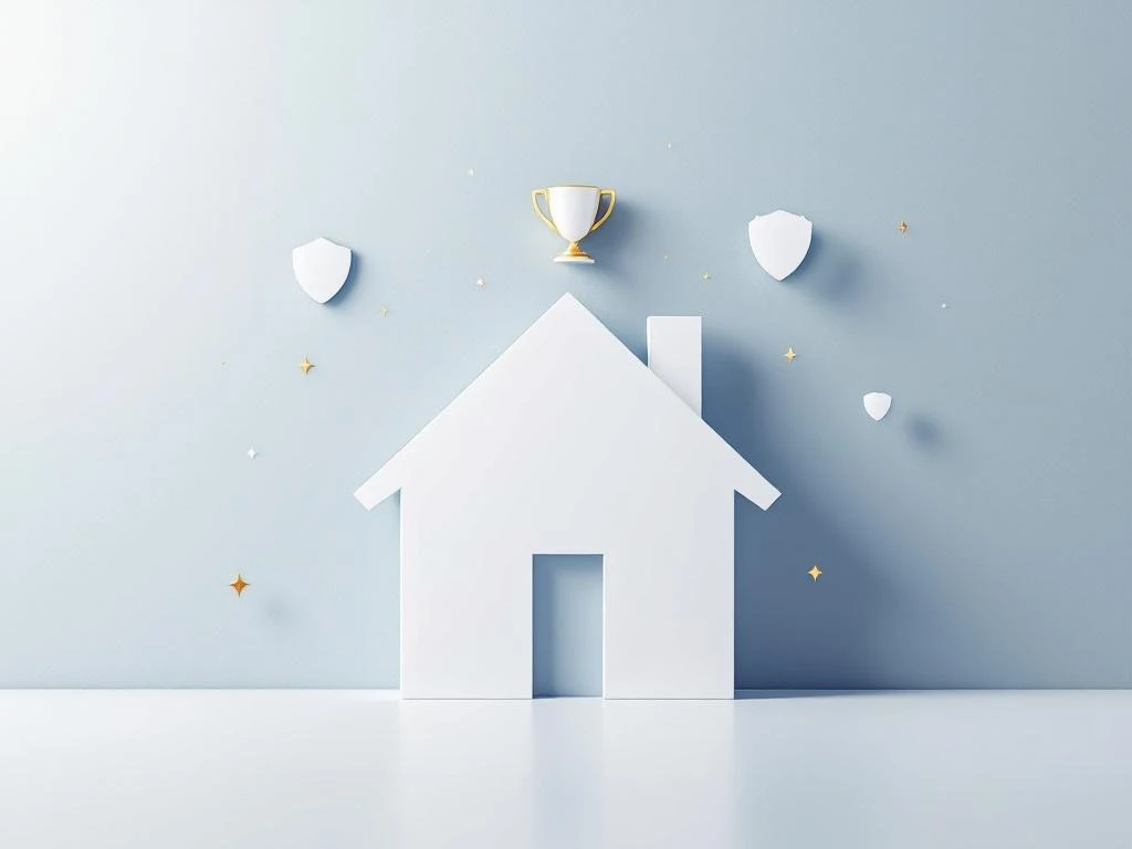 Wit huis silhouet met gouden verzekeringsschilden en trofee tegen blauwe achtergrond voor financiële diensten