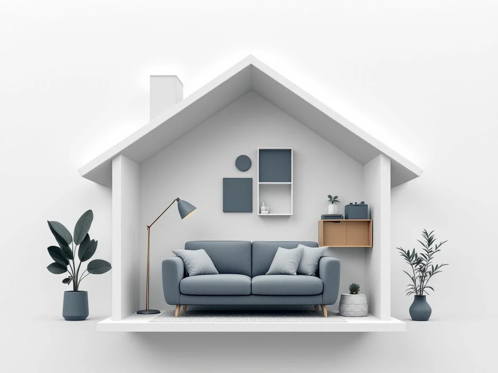 Minimalistisch huissilhouet met geometrische meubels in grijs en blauw, sommige met gouden accenten gemarkeerd