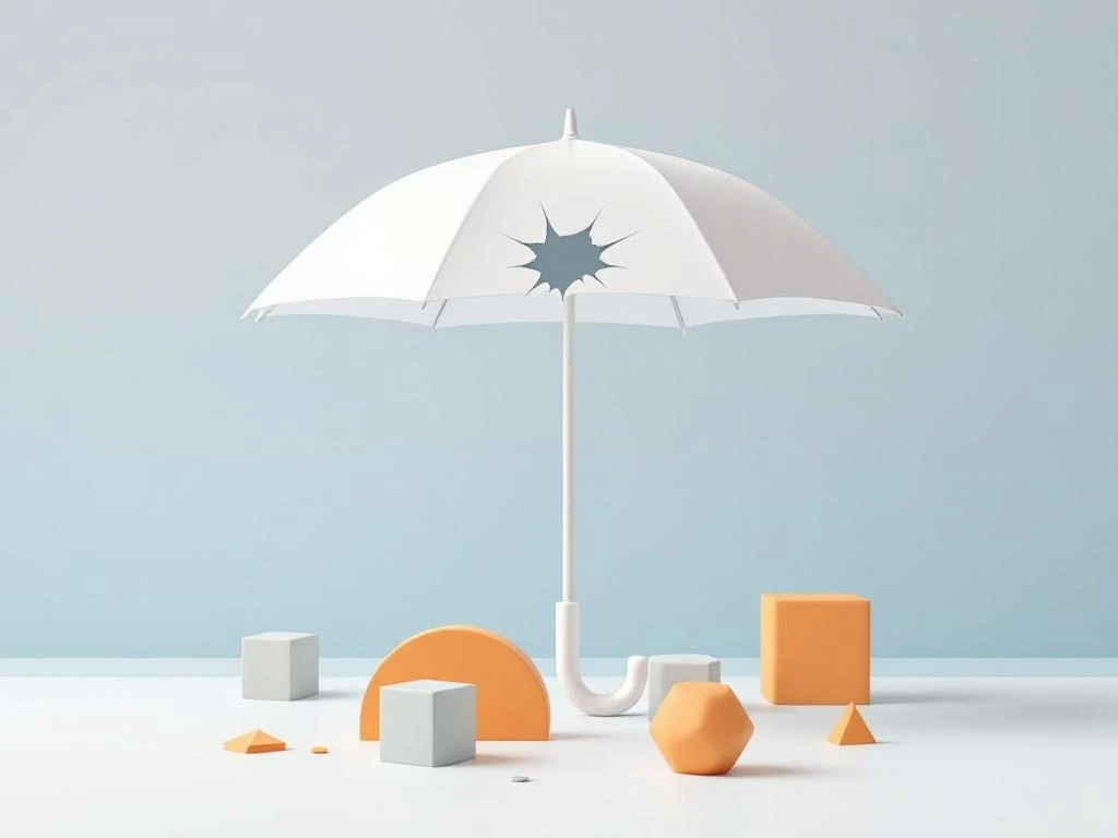 Witte paraplu met gat in doek boven geometrische vormen, sommige oranje gemarkeerd als onbeschermde schade