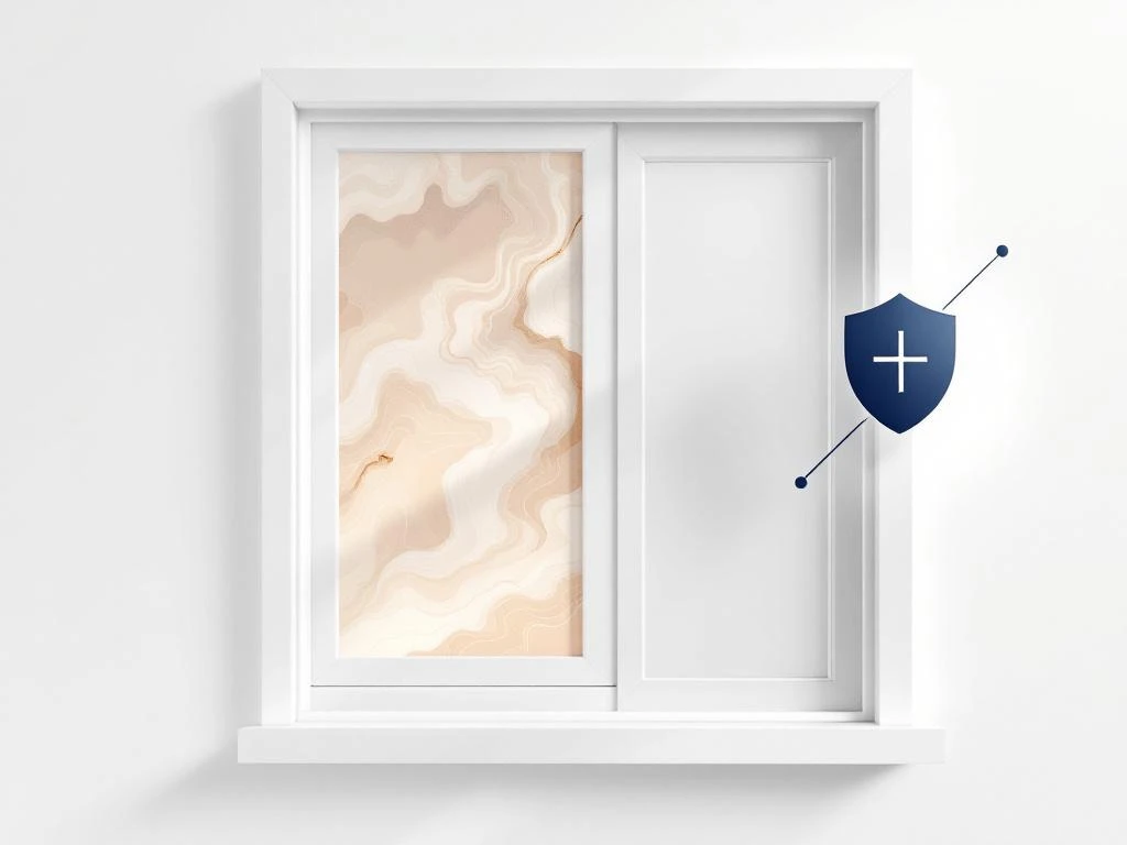 Geometrisch raamkozijn met houtrot patronen en verzekering schild icoon in minimalistische compositie