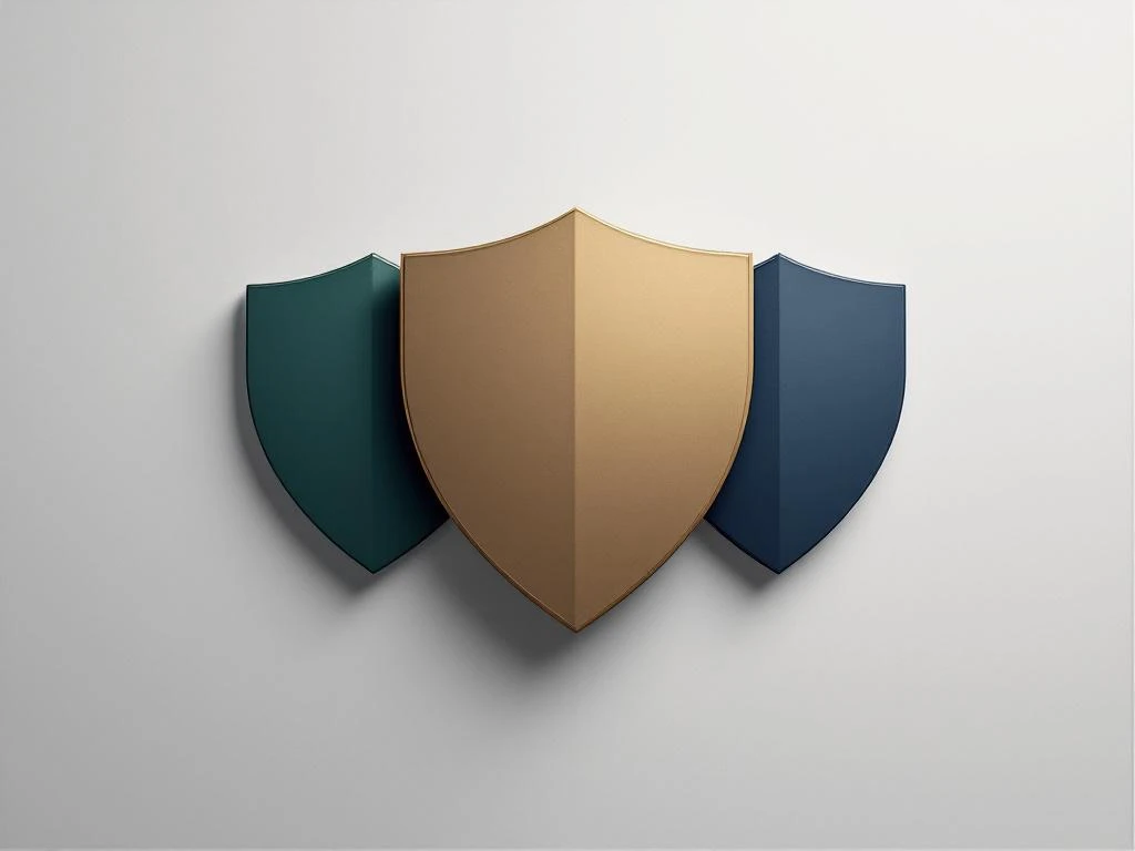 Drie geometrische schildvormige pictogrammen in groen, goud en blauw die verplichte verzekeringen voorstellen op gradiënt achtergrond