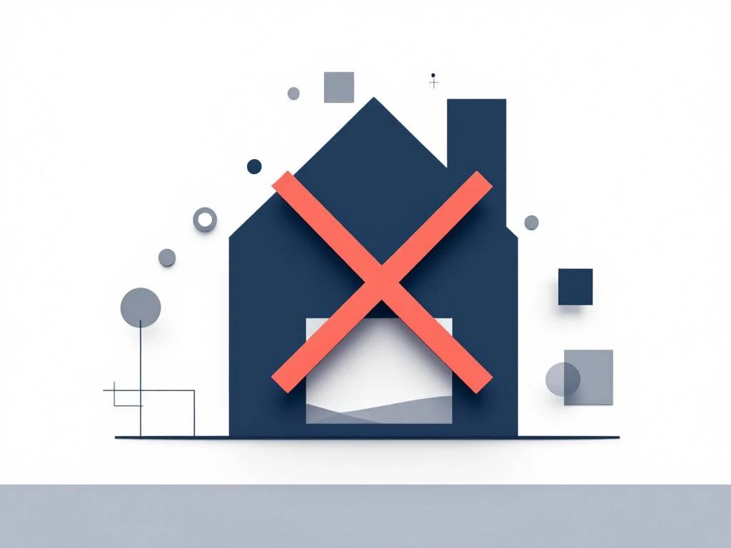 Modern huis silhouet met rood verbodsteken en grijze vormen die verzekeringsuitsluitingen illustreren op witte achtergrond