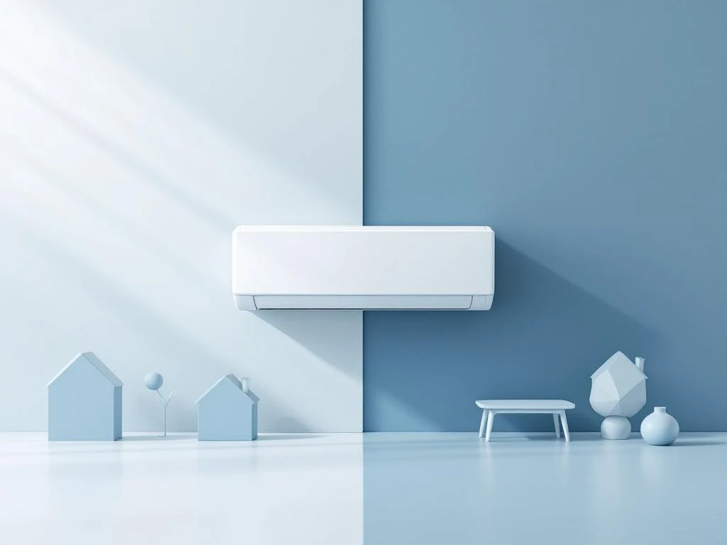 Moderne witte warmtepomp naast abstracte huissilhouetten in blauw en grijs, gescheiden door diagonale lijnen